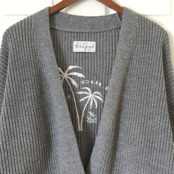 The Beach People The Twin Palms Ribbed Knit Open Front Cardigan Sweater Gray M/L - Picture 2 of 14